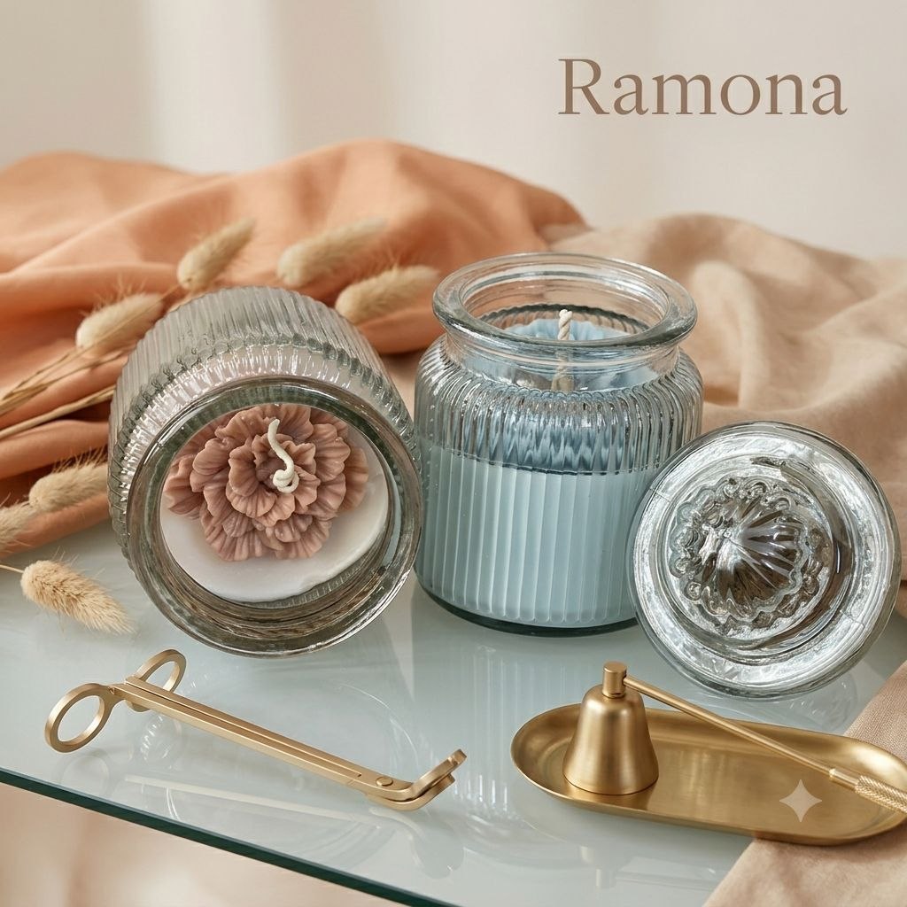 بانکه شمع عطری شیشه‌ای دردار با دیزاین گل مومی گالری رامونا